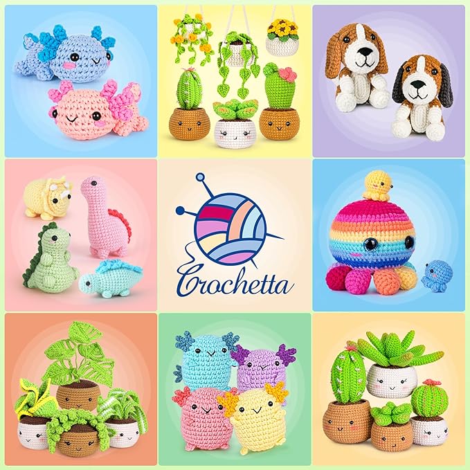 Crochetta Crochet Kit for Beginners, Crochet Starter Kits for Adults, Amigurumi Craft Knitting Crocheting Kits with Step-by-Step Video Tutorials, 6 Pc Hanging Potted Plants Family(40%+ Yarn