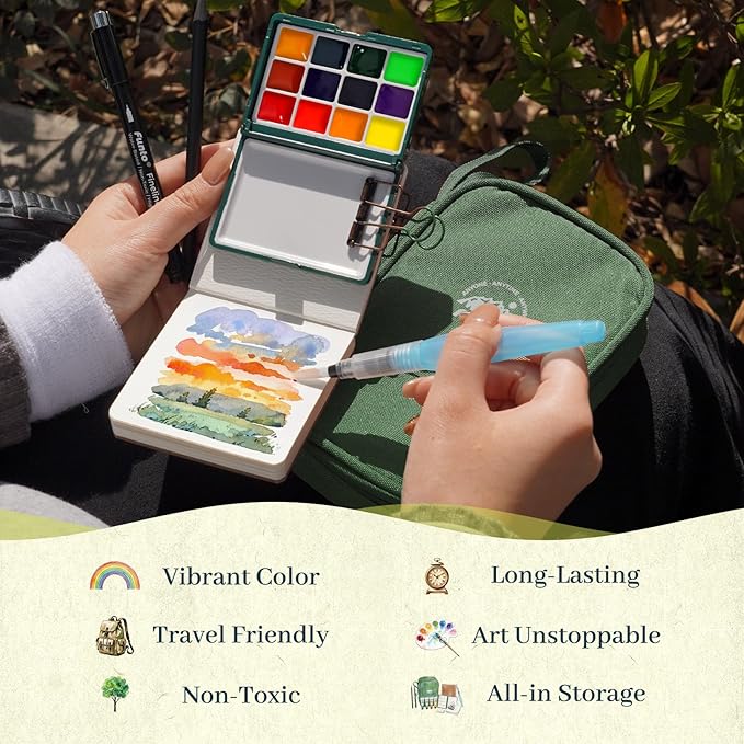 Funto Mini Watercolor Travel Set, 12-Color Refillable Travel Art Kit, All-in-One Mini Paint Supplies with Bag, Art Craft for All, Portable Water Color Paint for Beginners, lovers and Artists
