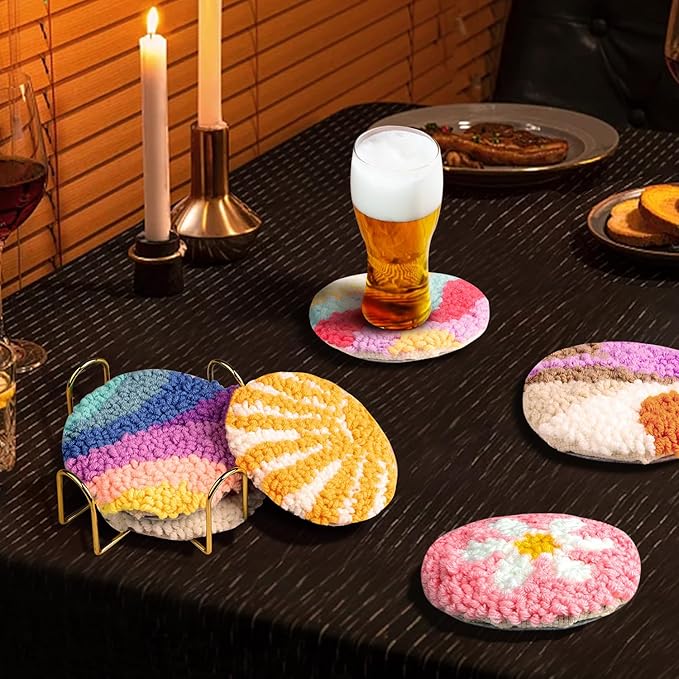 AIRDEA Punch Needle Drink Coasters Kit,Casual Punch Needle Embroidery Complete Kits for Beginner 3.29x3.29 Inches,Included All Accessories,DIY Car Coasters (Pink)