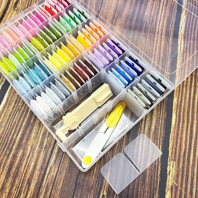 Embroidery Floss Organizer Cross Stitch Thread Storage Box Tools with 120 Pieces Floss Bobbins, Bobbin Winder, Scissor and Colour Stickers,Removable 18 Compartments Big Size Case