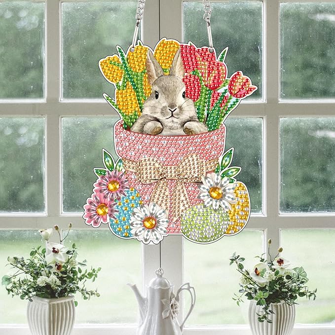 5D Rabbit Diamond Art Suncatcher Hanging Kit, DIY Crystal Diamond Painting Pendant Wall Window Door Decor, Handmade Animal Rhinestone Art Ornament Craft for Home, Garden, Easter or Birthday Gifts