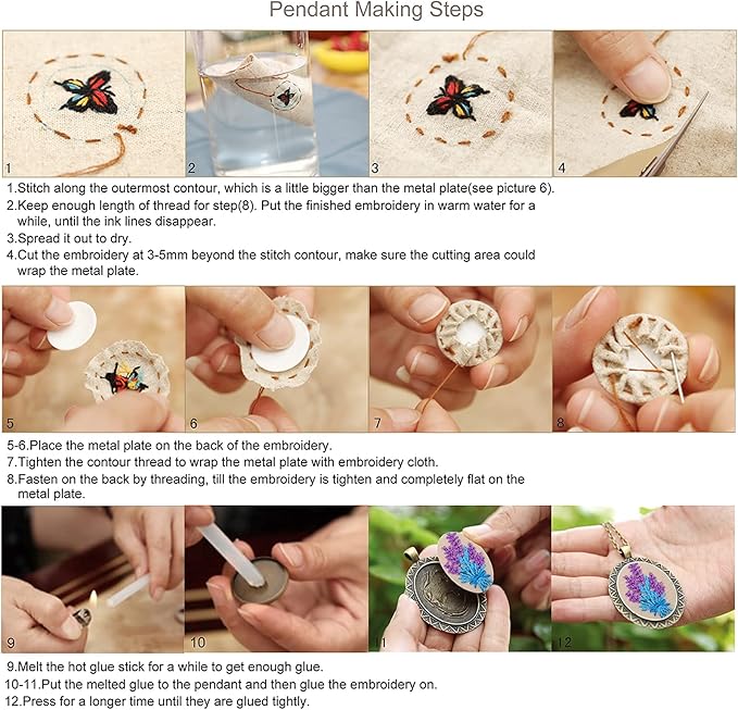 ZOCONE 6 Packs Embroidery Necklace Kits, Embroidery Pendant Kit Mini Cross Stitch Kit with Hoop, Necklace, Pendant, Brooch, Stamped Pattern Cloth, Instructions, etc. Embroidery Kits for Adults