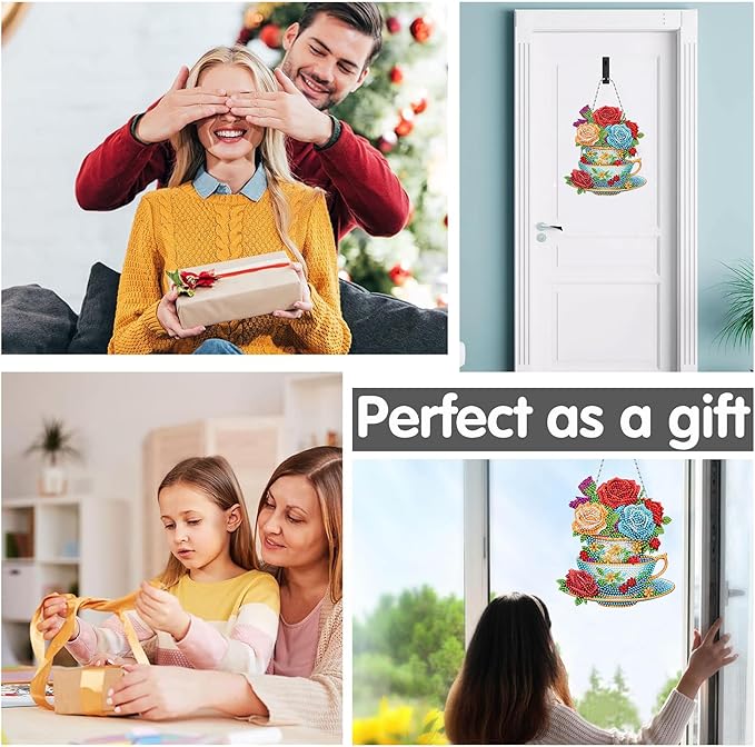 Bimkole Coffee Cup Diamond Art Hanging Kit for Adult, DIY 5D Diamond Art Flower Window Pendant, Acrylic Crystal Art Hanging Ornament Home Wall Garden Front Door Sign Outdoor Decor 7.8x7.8 Inch