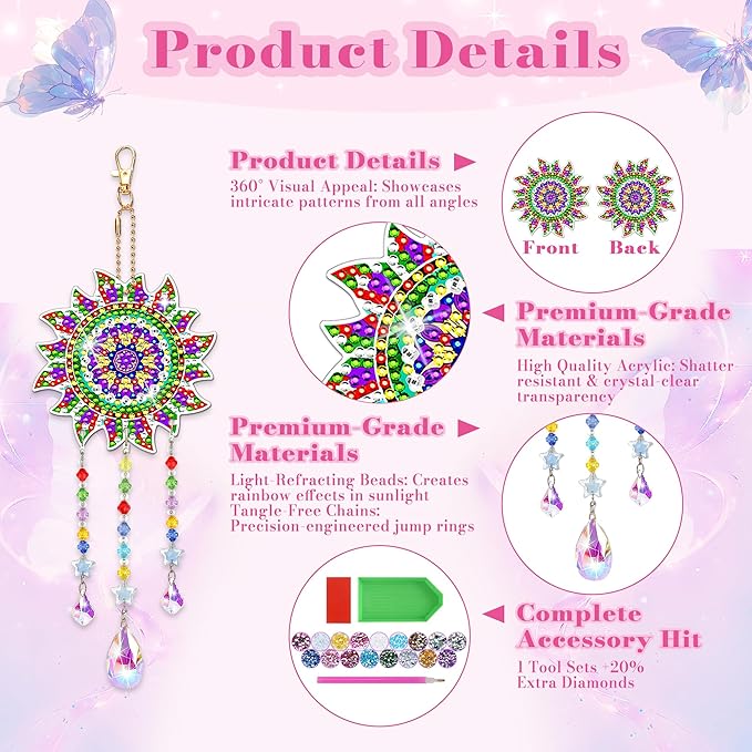 HYXBXSS 4pcs Diamond Art Kits, Birthday Gifts for Aged 14 and Above Year Old for Teen/Adults,Diamond Painting Wind Chimes Craft Kits, DIY Suncatcher Gem Art Kits Home Garden Decor
