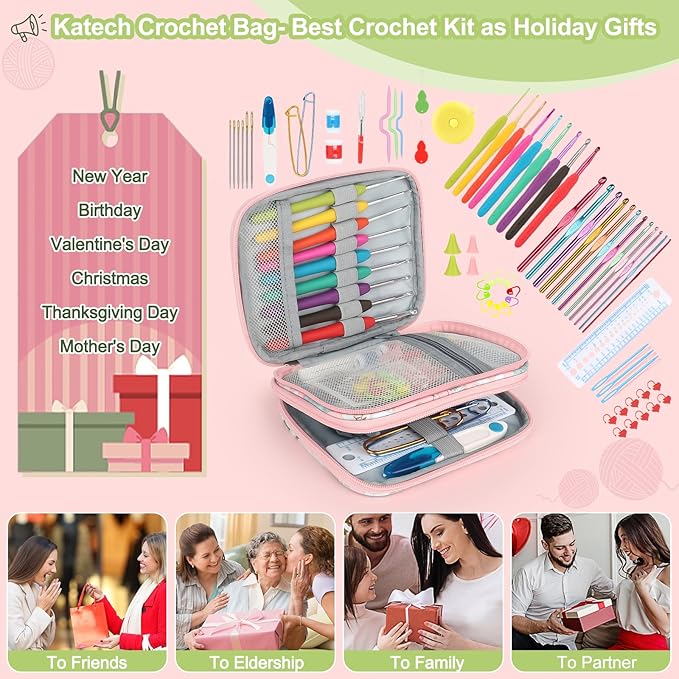 Katech Crochet Hooks Set with Case, 73-Piece Crochet Hooks Kit Knitting Accessories Ergonomic Aluminum Alloy Crochet Hook Colorful Crochet Needles for Making Socks, Gloves, Bag, Hat, Sweaters