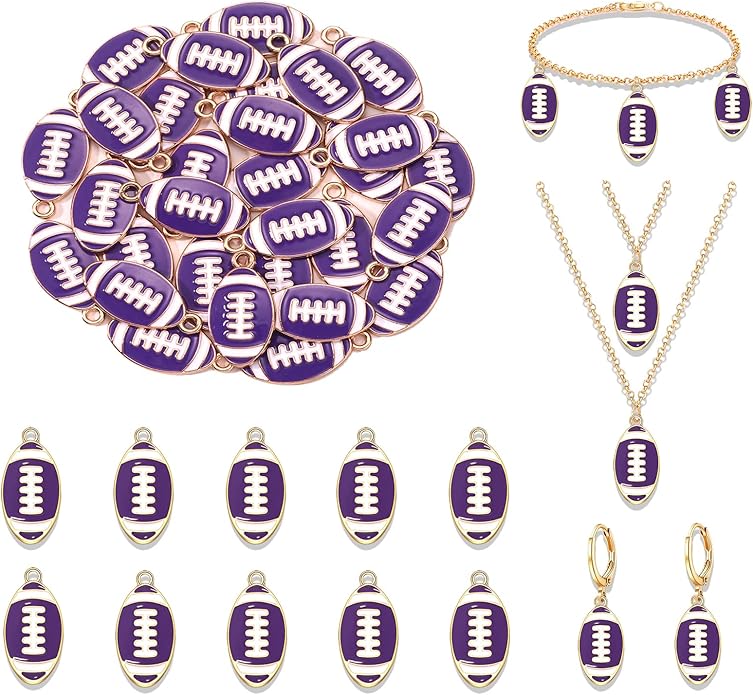 NVENF 30PCS Football Charms for Jewelry Making, Enamel Football Charms for Bracelet Necklace Earrings Making, Red Black White Blue Purple Orange Game Day Football Charm Bulk