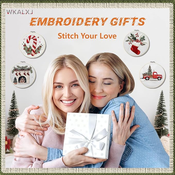 wkalxj 4 sets embroidery kits for beginners adults, cross stitch kits, needlepoint kits with instruction, video, needle point kits with candy fireplace stocking truck patterns (4 sets b)