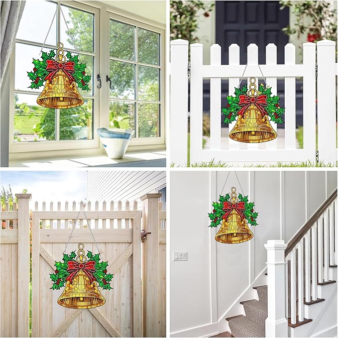 Reofrey Hanging Diamond Art Kits for Adults - 8x8 Inch Christmas Bells Acrylic Board Double Sided Pattern Diamond Art Suncatcher Pendant, Crystal Art for Home Wall or Window Decoration Handmade Gift