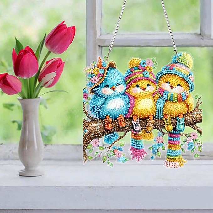 Auremi Birds Diamond Art Painting Pendant Kits with Chain,5D Animals Diamond Art Hanging Kit DIY Diamond Crystal Window Door Hanging Pendant Kit for Adults Gift Wall Decor