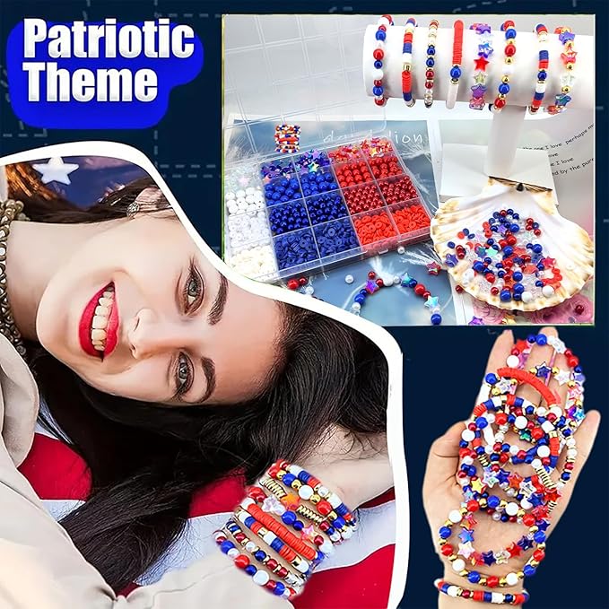 1938Pcs Red White Blue Beads Kit, 4th of July Patriotic Clay Beads Star Beads Round 6mm Pearl Beads for Jewelry Making Independence Day Polymer Clay Beads Heishi Beads for Necklace Bracelets Earrings