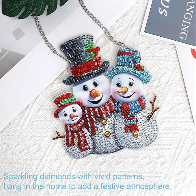 AiYuanzsh Christmas 5D Diamond Painting Ornament, Christmas Snowman Diamond Art Kits Hanging Pendant with Chain for Christmas Home Wall Window Decor, Adults DIY Art Craft