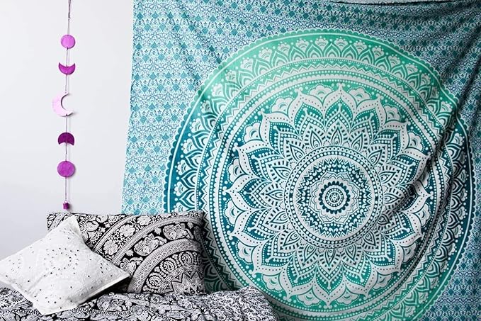 popular handicrafts hippie mandala ombre tapestry wall hanging - indian maditation green gypsy bohemian hippy psychedelic dorm room decor poster 30 x 40 inch