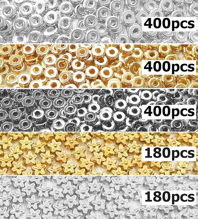 6mm Flat Round Spacer Beads, 1560pcs (360flower), Gold, Silver, Black, Flower-shaped, Plastic (Copper Coated), Round, Loose Beads