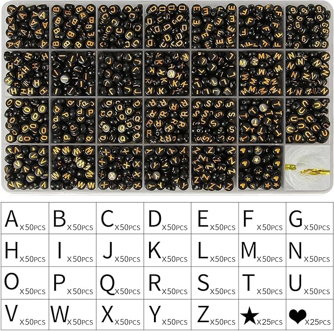 Yochus 1400pcs Black Letter Beads 4x7mm Sorted Alphabet Beads Gold Acrylic Letter Bead Kit for Jewelry Making and DIY Crafts, Bracelets, Key Chains