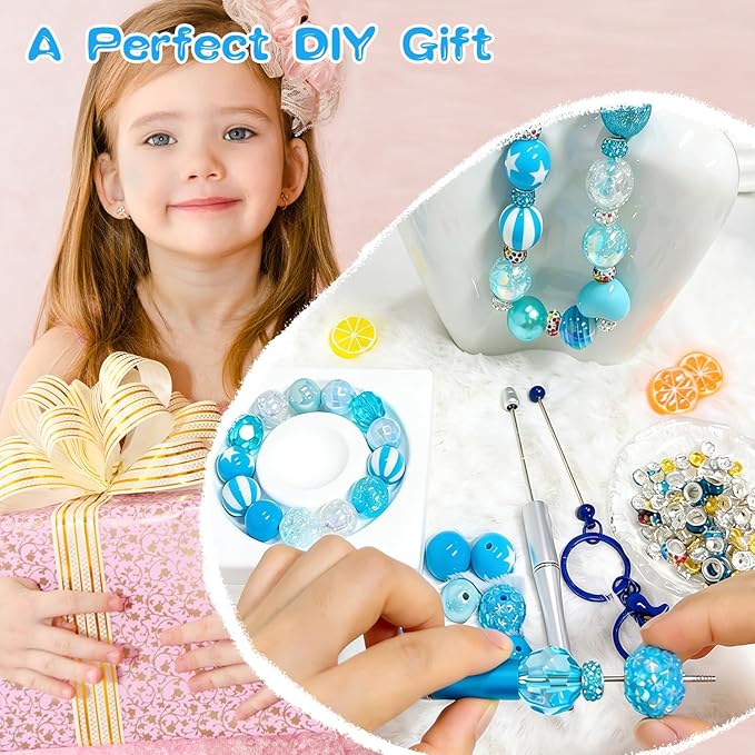 163 Pcs Pen Beads for Beadable Pens: Bubblegum Beads for Pen Making Bulk with Spacer Bead Rhinestone Bead (Blue)