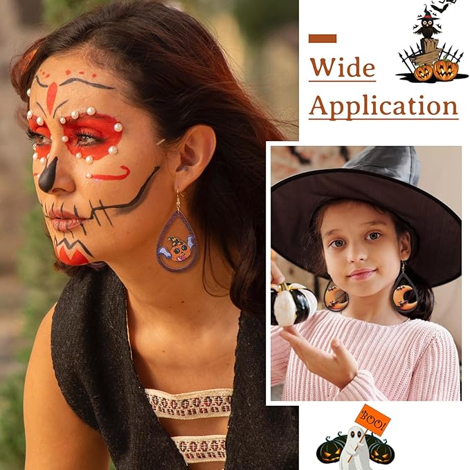 Beadthoven 20 Pairs DIY Halloween Wood Dangle Earring Making Kit Halloween Pumpkin Printed Wood Pendants Hollow Teardrop Charms Hanging Ornaments Earring Hooks Jump Rings for Jewelry Making Adult