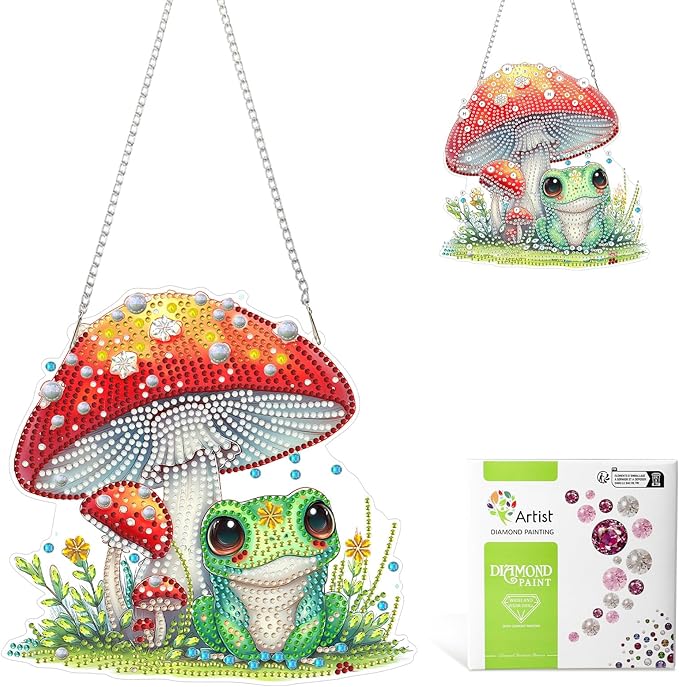 MAXBYE Frog Mushrooms Diamond Art Painting Kits for Adults Beginners Hanging Pendent, DIY 5D Special Shaped Crystal Diamond Painting Kits Ornament for Gift Home Wall Door Decor 8×8 Inch