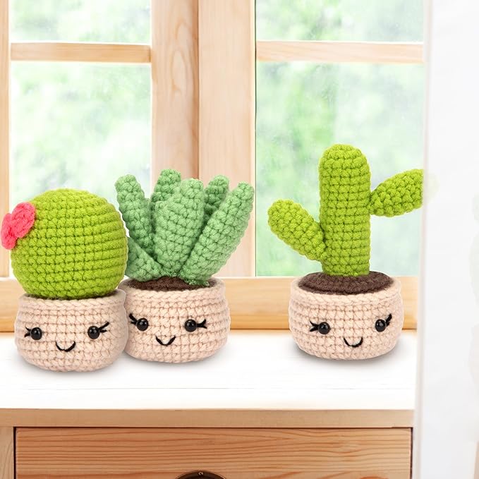 Karsspor Crochet Kit for Beginners, Complete Knitting Kit with Step-by-Step Instructions and Video Tutorials, Crocheting Set- 4 PCS Succulents, DIY Knitting Gift for Adults - Beginner-Crochet Lovers