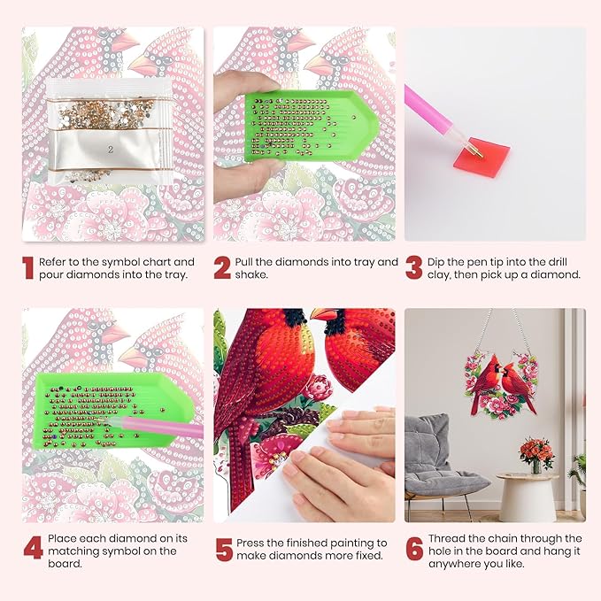 MXJSUA Valentine's Cardinals Special Shaped Hanging Diamond Painting Art Kits for Adults, Crystal Rhinestone Acrylic Gem Art Pendant Ornaments Kit for Home Decor and Gift 7.87 * 7.87 Inch