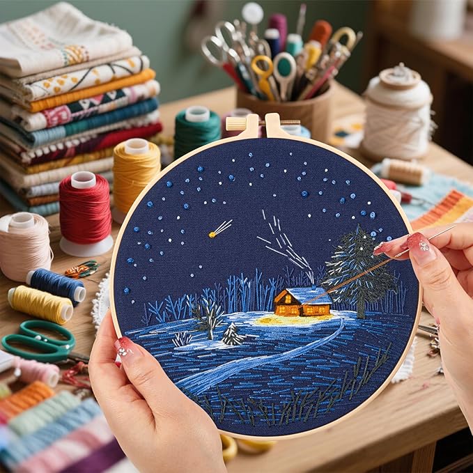 Christmas Embroidery Kits for Beginners Adults, Winter Hand Embroidery Starter Kits, Christmas Cross Stitch Kits for Beginners Needlepoint DIY Kits for Adults, Embroidery Hoop, Thread & Video Tutorial