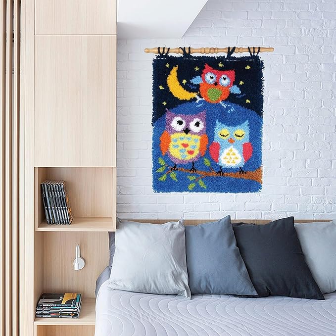 MIAOLLUN Latch Hook Kits, Cute Owl Under The Moon DIY Latch Hook Rug Crafts for Adults Beginner with Printed Canvas Pattern Embroidery for Home Decor Gift 52X38cm/20.5 Inch X15 Inch