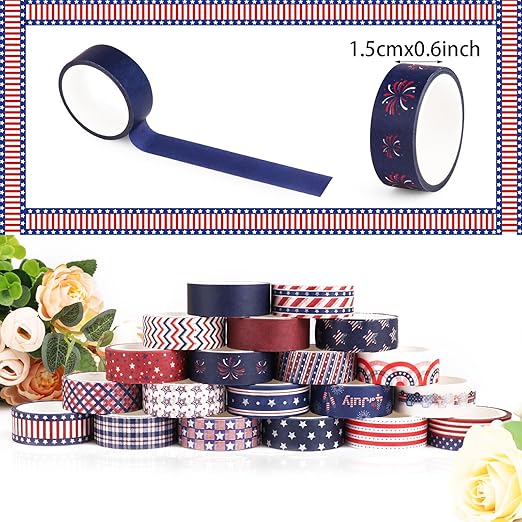 Independence Day Decorative Tape Set 20 Rolls 4th of July Washi Tape Patriotic Stripes Washi Masking Tape for Holiday Kids DIY Art Crafts Notebook Scrapbooking & Stamping Supplies
