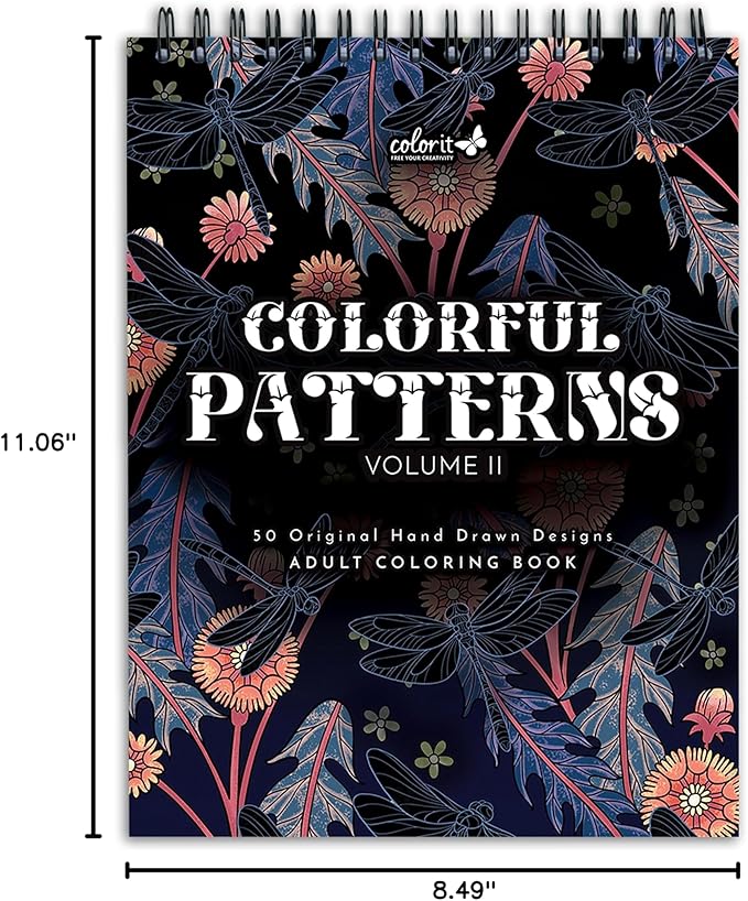 ColorIt Colorful Patterns, Volume II Spiral Bound Adult Coloring Book, 50 Illustrations Inspired by Nature, Animals, Plants & Flowers, Thick Paper, Perforated Edges, Hardback Covers & Ink Blotter
