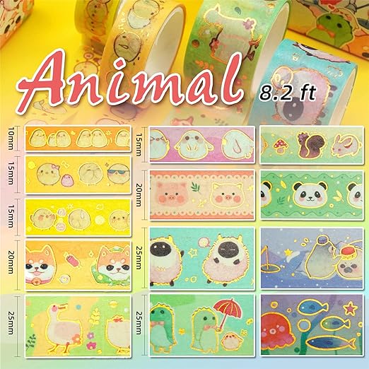 YUBX Cute Pets Washi Tape Set 13 Rolls Wide Gold Embellishment Decorative Masking Tapes for Arts, DIY Crafts, Journals, Planners, Scrapbook, Wrapping (Animal Kindergarten)
