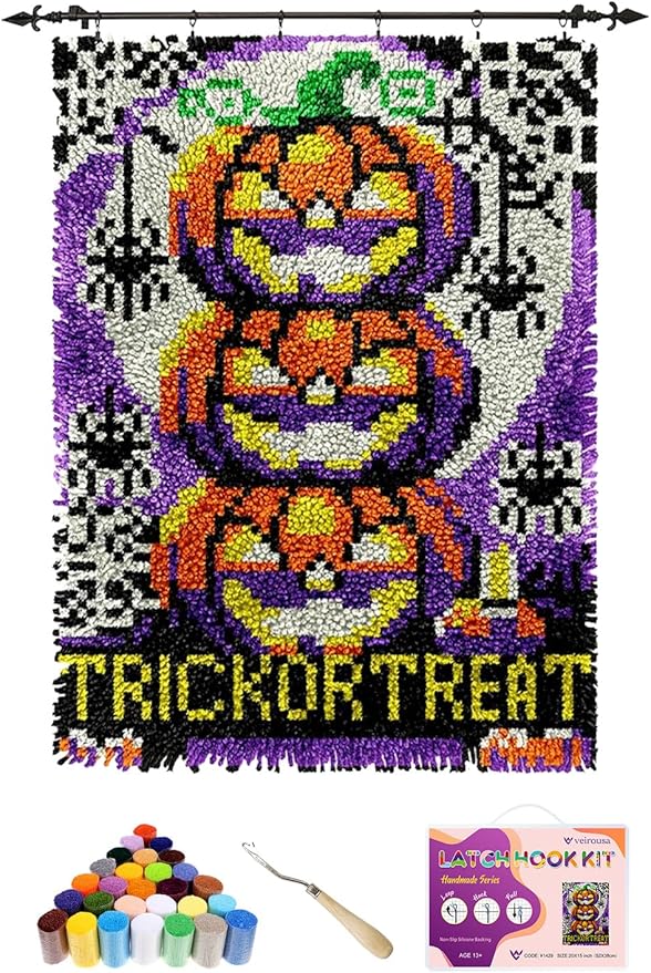 veirousa Halloween Jack O Lantern Latch Hook Kits for Adults Kids Beginners DIY Latch Hook Rug Kit Pre-Printed Hook and Latch Carpet Making Kits Cross-Stitch Wall Hanging Crochet Set 15x20 Inch