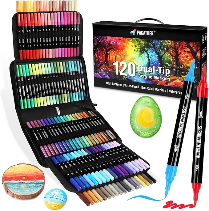 120 colors acrylic paint markers, dual tip fine and brush tips pens contain 24 metallic color for stone, wood, calligraphy, canvas, ceramic, metal, glass, rock painting, diy crafts art supplies kit