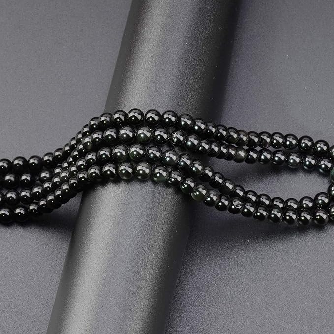 LPBeads 200Pcs Polished 6mm Round Natural Black Obsidian Gemstone Loose Beads with Stretch Cord for Jewelry Making Bracelets