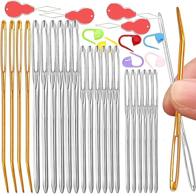 pikdmin 32 pcs Large Eye Sewing Needles Kit, Stainless Steel Large-Eye Blunt Needles & Bent Tapestry Needles for Tapestry,Sewing Wool,Weaving ( Crochet Locking Stitch Random Color)