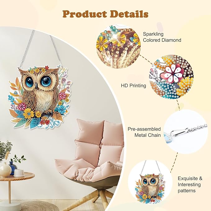 HEIBAGO Owl Hanging Diamond Art Kits for Adults, Fall Special Shaped Crystal Diamond Painting Ornament Kit, DIY Double-Sided Pattern Window Pendant Gem Art Kit for Home Wall Decor 8.3x8.3inch