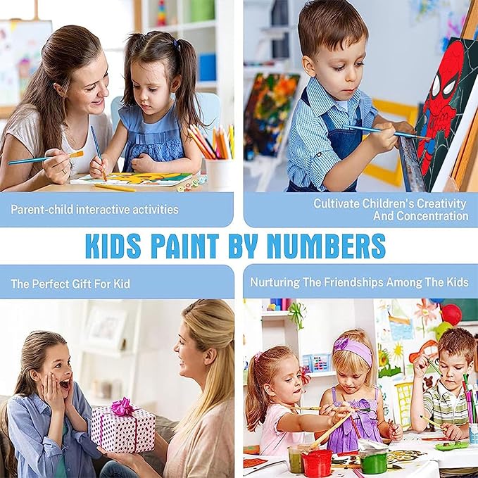 KOJEFCV 4 Pack Cartoon Paint by Numbers for Kids with Framed Canvas-with Wooden Easel, Paint by Number for Kids Ages 4-8-12, DIY Easy Acrylic Oil Painting Kits for Home Wall Decor (8X8inch)