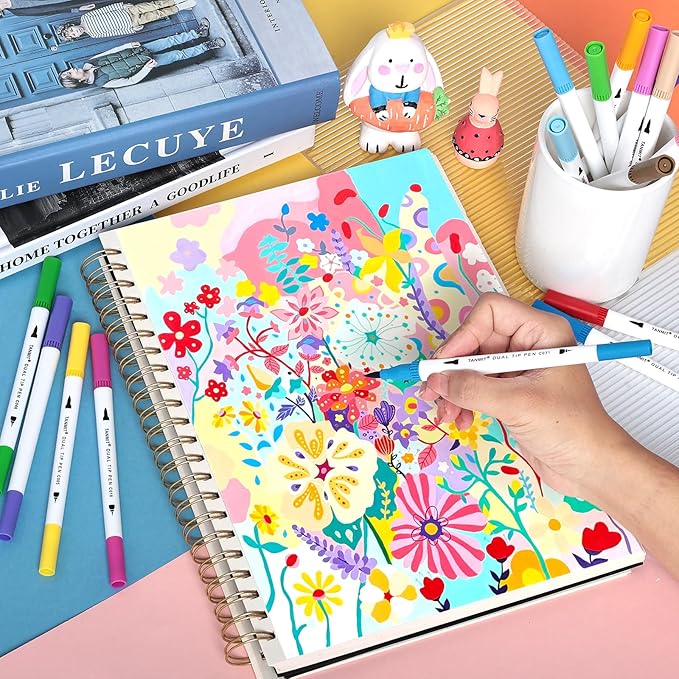 TANMIT Markers for Adult Coloring Books No Bleeding, 72 Colors Dual Tip Art Markers Set with Fine and Brush Tip Pens for Journaling Sketch Hand Lettering