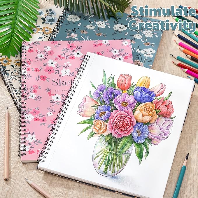 12 pack sketch book, 8.5 x 11inch sketchbook, 68lb/100gsm top spiral bound sketch pad, acid free art supplies drawing painting sketching paper for woman artists (30 sheets each)