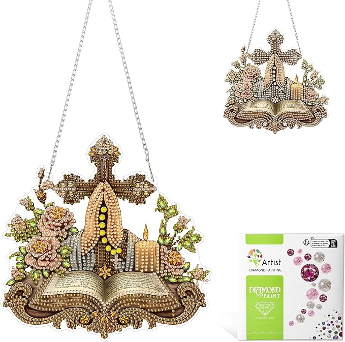 MAXBYE Diamond Art Kits Hanging Cross Pendant, DIY 5D Special Shaped Diamond Painting Craft Gem Art Rhinestone for Adults and Home Window Door Decor 8×8 Inch