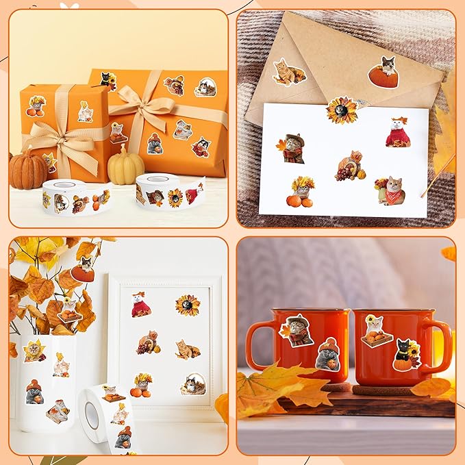h1vojoxo autumn thanksgiving sticker rolls - 1000pcs fall cat dress up stickers in 2 rolls 16 designs autumn thanksgiving self-adhesive sticker for kids craft envelope cat lover holiday party supplies