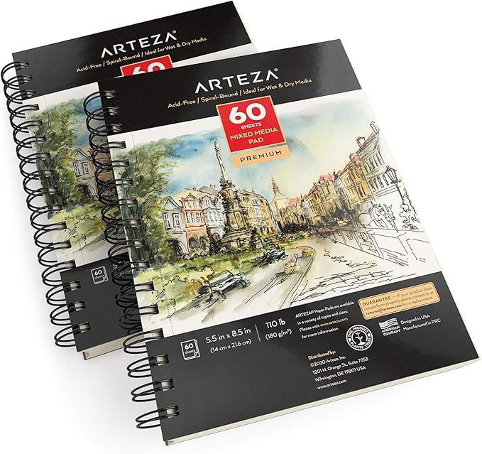 ARTEZA Mixed Media Sketchbook, 5.5 x 8.5 Inches, Pack of 1, 60 Sheets, Micro-Perforated Spiral-Bound Paper Pad for Wet and Dry Media