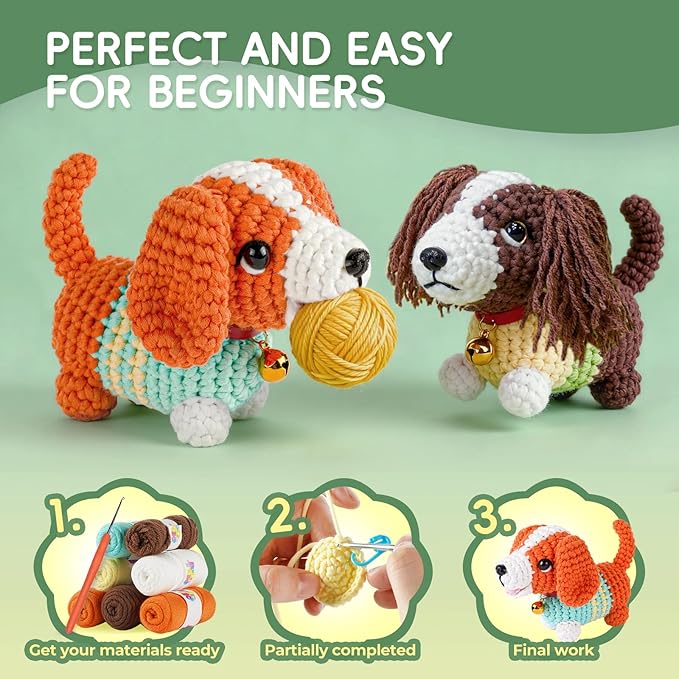 LUDOTEK Crochet Kit for Beginners, Crochet Animal Kits,Crocheting Kit for Starters with Step-by-Step Video Tutorials, Beginner Crochet Kits for Adults(2 Pack Dog)