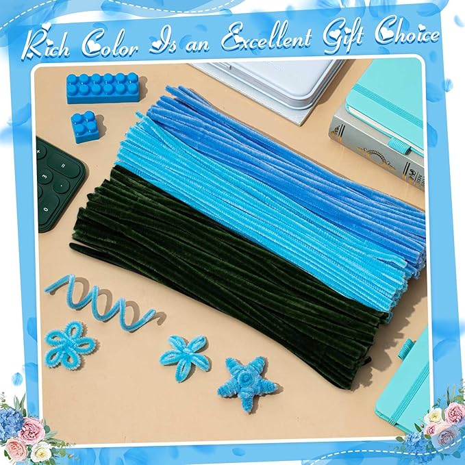 Peryiter 371 Pipe Cleaners Flowers Set, Mixed Colors Chenille Stems Bulk with Floral Wires, Gardening Tape, Stamen for DIY Flower Making Kit, Gift Idea for Mother's Day(Blue & Green)