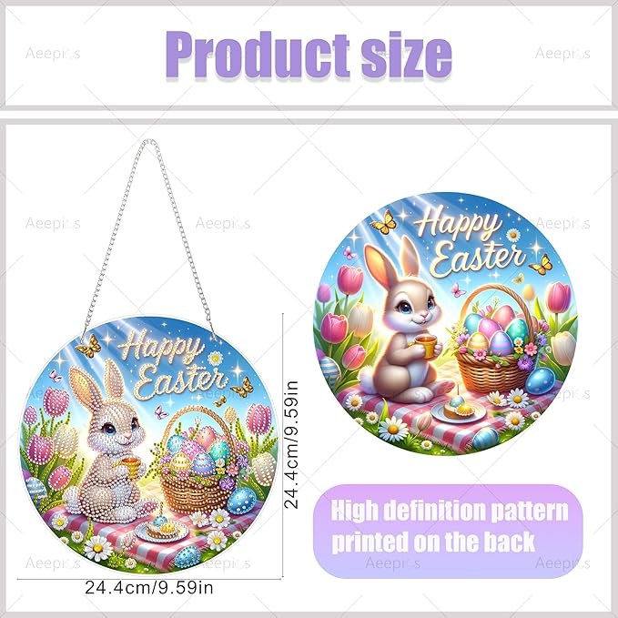Aeepics Hanging Diamond Art Kit for Adult Easter Rabbit, DIY Diamonds Painting Pendant Ornament Kit, Acrylic Diamond Art Painting Board Kit (Happy Easter)