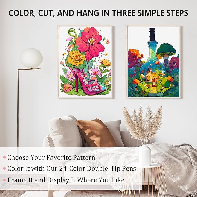 Coloring Book for Adults Relaxation, Mindfulness Coloring Book for Women with 24 Dual Tip Markers, Anxiety Relief Gifts for Women with 128 Patterns Include Plants Animals Flowers Garden Style (4 Pack)