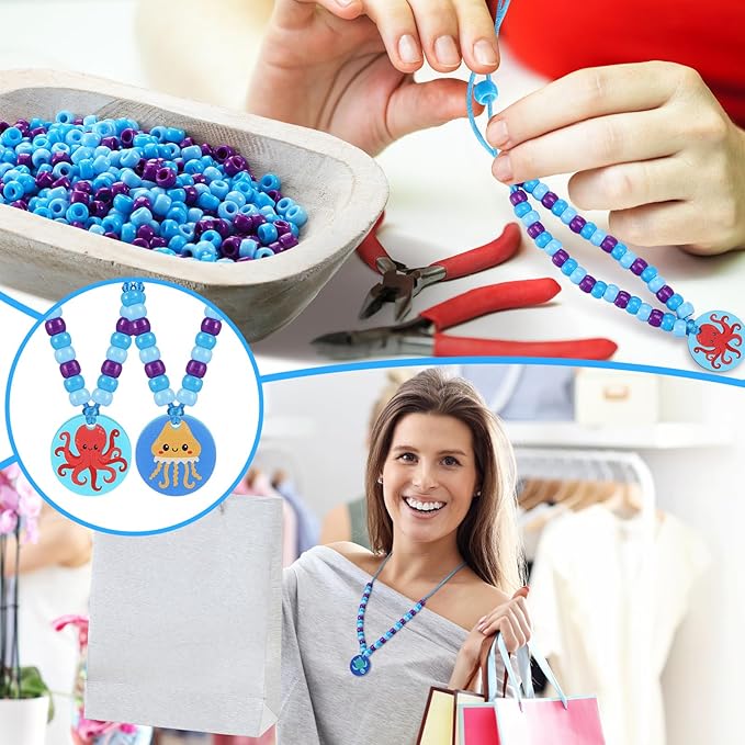 Ecally 24 Sets Under The Sea Bead Necklaces Making Kit Summer Ocean DIY Craft Blue Purple Bead Sunday School Craft Sea Animals Sharks Turtles Pendant Necklaces Themed Party Supplies Beach Party Favor