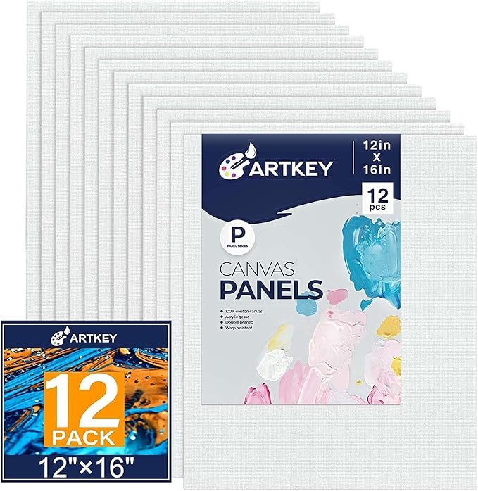 Canvas Panels 12x16 Inch 12-Pack, 10 oz Primed 100% Cotton Canvases for Painting, White Blank Flat Canvas Board for Oil Acrylics Watercolor Tempera Paints