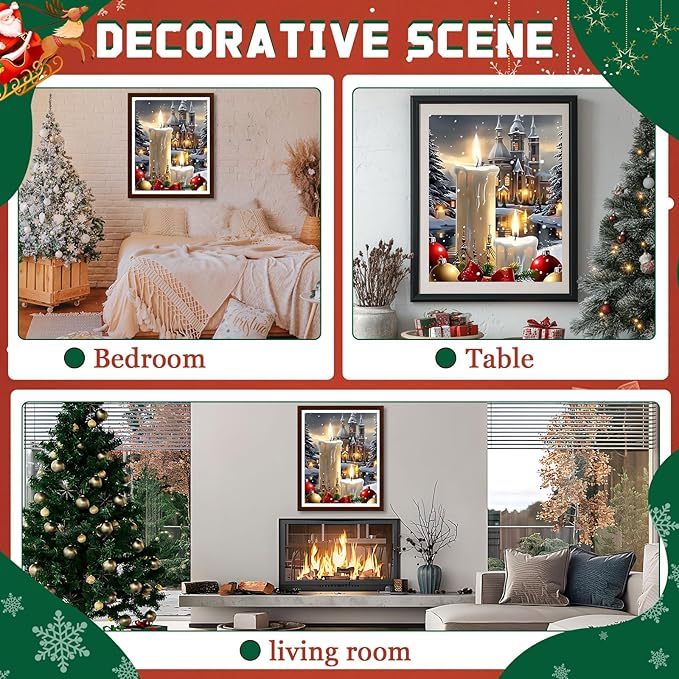 EMIEAUFG Christmas Diamond Art Kits for Adults, Christmas Candle Diamond Paiting Kit for Beginners, 5D DIY Round Full Drill Craft Diamond Dot Gem Art, Home Wall Decor 12" x 16"