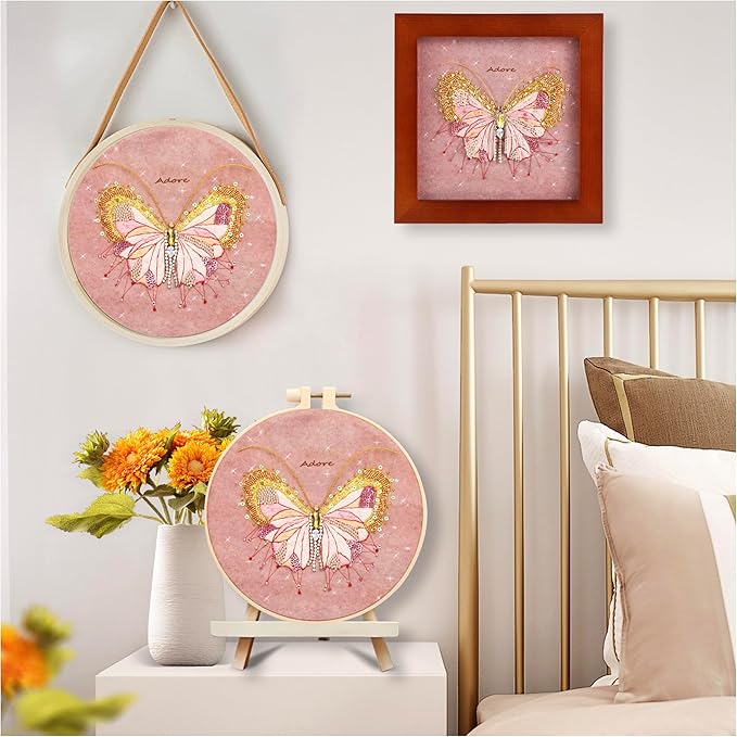 Craftreasure Embroidery Kit for Adults, Butterfly Needle Point Kits Adults Beginner Include Embroidery Beads Threads for Craft Lover Hand Stitch with Embroidery Skill Technique (Pink-Advanced)