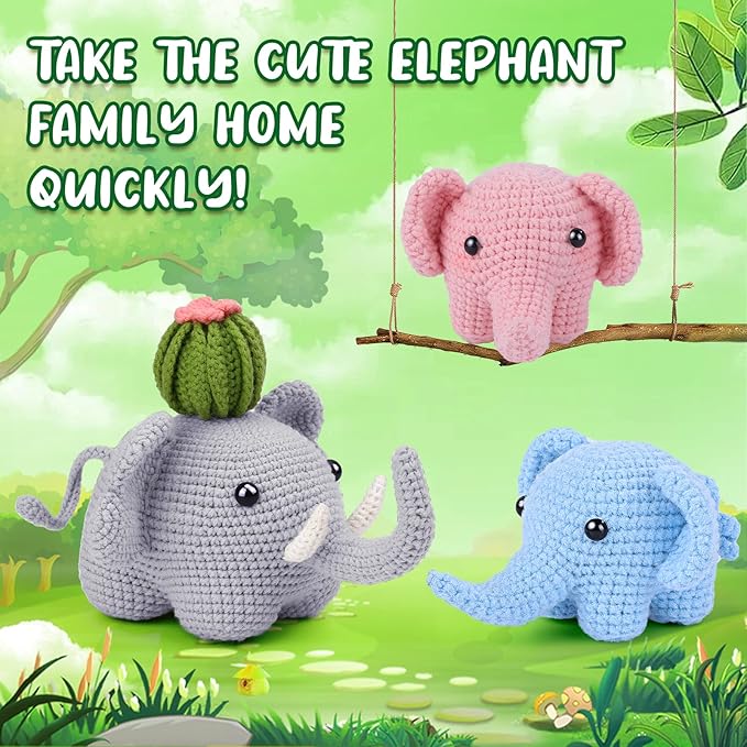 WONVOC Crochet Starter Kit, Beginner Crochet Kit for Adults, Step-by-Step Instructions, Video Tutorial, Knitting Supplies, for Creating Cute Elephant Family