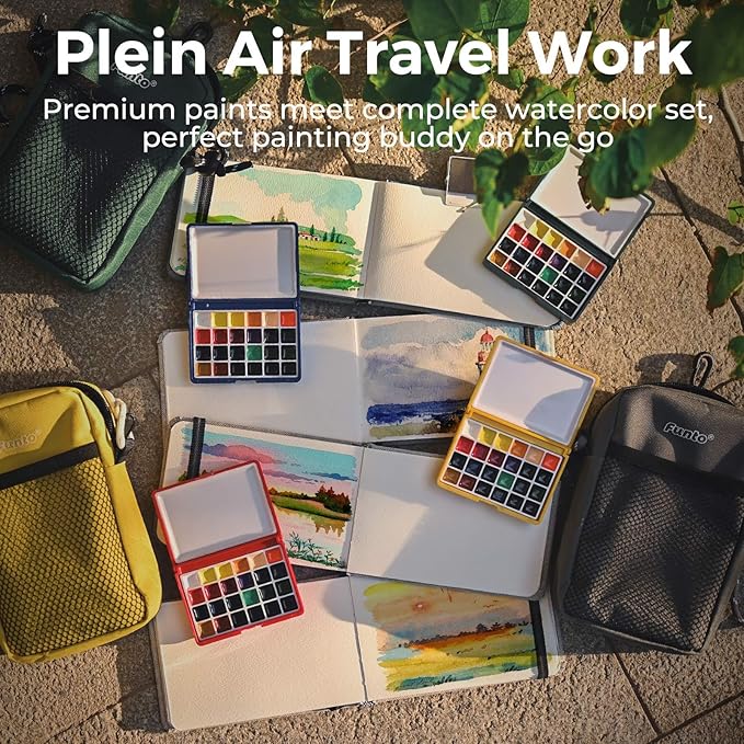 Funto Mini Watercolor Paint Set, All-in-One 24-Color Travel Paint Kit, with Crossbody Bag, Watercolor Journal, Paint Water Cup, Pocket Set for Artists