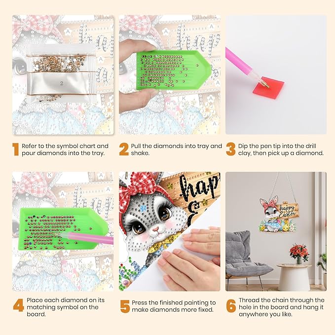 MXJSUA Diamond Art Hanging Kits for Adults Beginners, DIY Acrylic 5D Special Shaped Crystal Diamond Gem Art Painting Hanging Ornament for Home Wall Decor and Gift (Easter Cute Bunny)